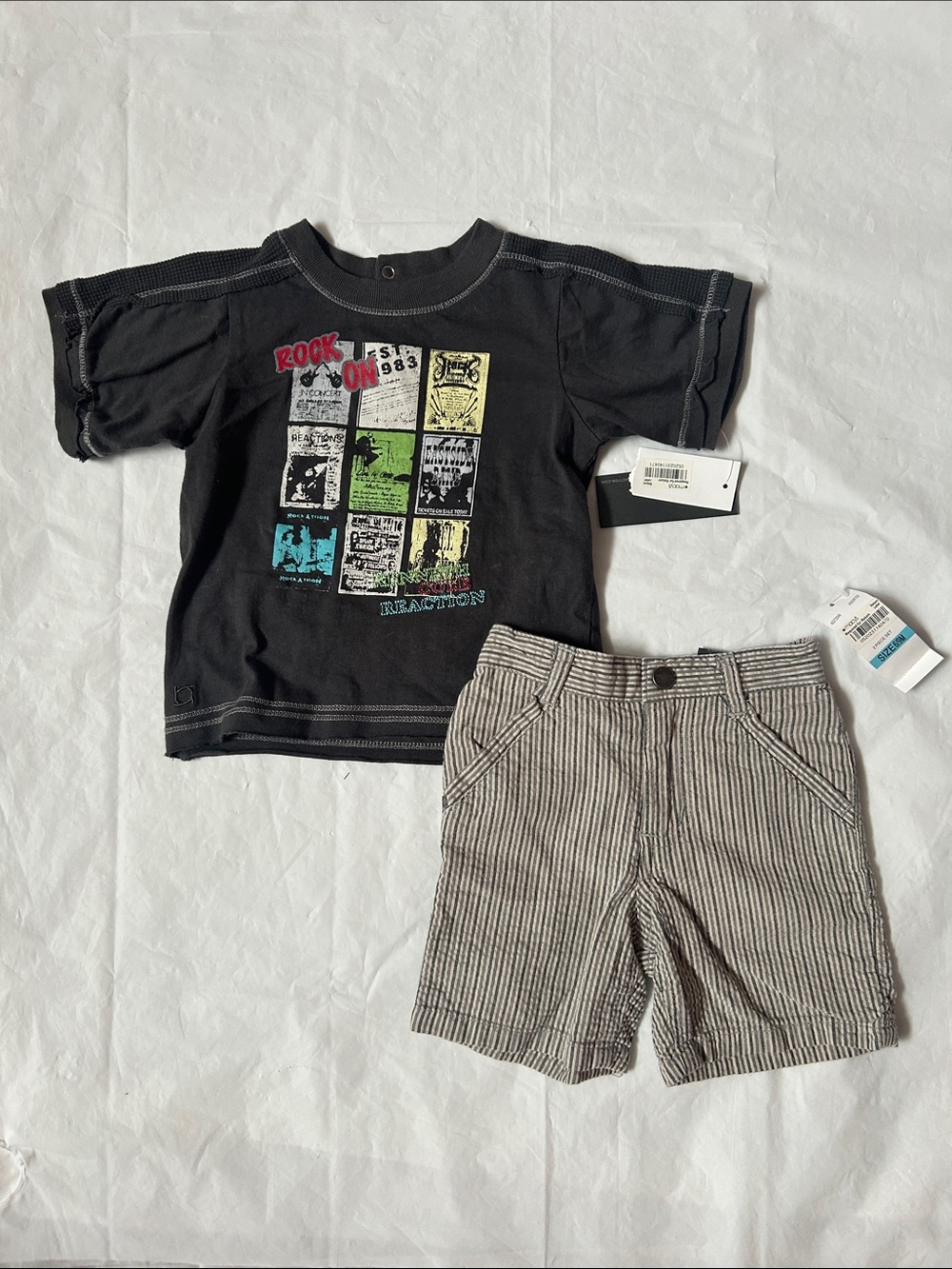 Kenneth Cole Reaction Black Graphic Tee with Tan Stripe Shorts
